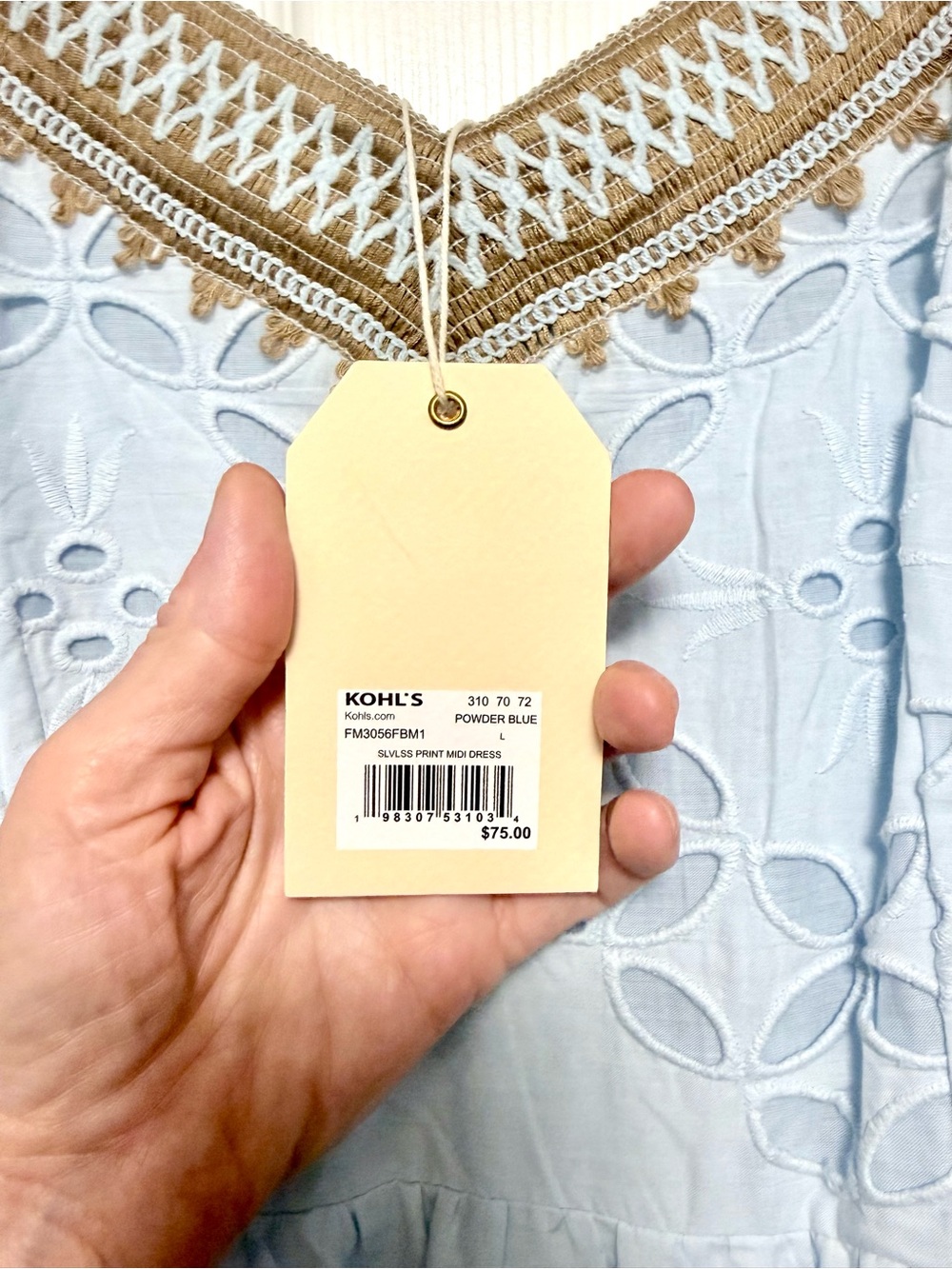 Light Blue Eyelet Midi Dress with Tan Trim - Picture 3 of 12